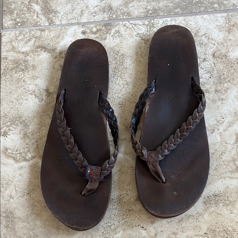 Rainbow Brown Braided Leather Flip Flops